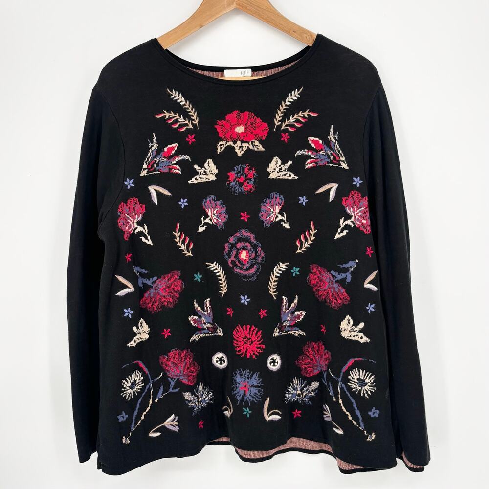 J. Jill 100% Cotton Black Boho Floral Pullover Sweater Size Petite L